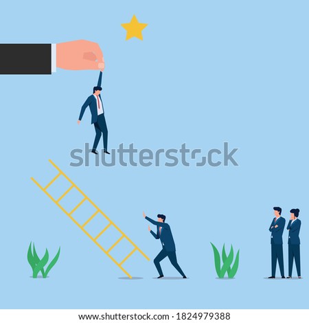 Man push the ladder to sabotage other from reach the star metaphor of cheat and jealous. Business flat vector concept illustration.