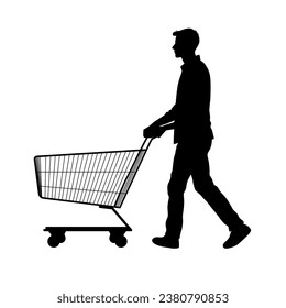 Man push shopping cart silhouette, people shopping, shopper silhouettes on white