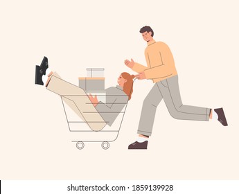 Man push shopping cart with woman holding boxes or presents, packages with purchases. Cute vector illustration in flat style.