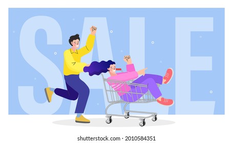Man push shopping cart with woman. Big sale shopping. People shop online. E-commerce and online shopping. Special offer or big seasonal sale, discounts banner. Flat vector illustration of funny buyers