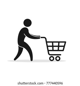Man with pushcart icon. Supermarket symbol. Vector isolated illustration.