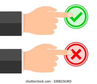 Man pushed cross and check mark. Vector illustration. Yes or No concept. Votting concept