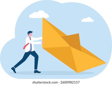 man pushed the paper boat to move. Businessman pushing business forward
