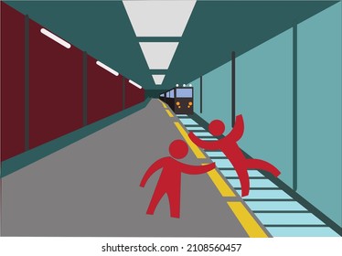 A man pushes another into train tracks. Editable Clip Art. 