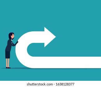 Man pushes back arrow symbol. Direction concept. Vector illustration in cartoon style design.