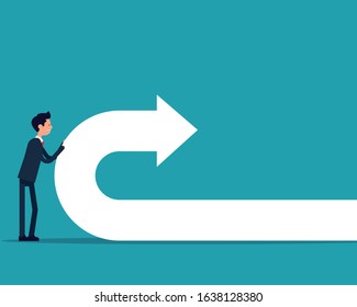 Man pushes back arrow symbol. Direction concept. Vector illustration in cartoon style design.