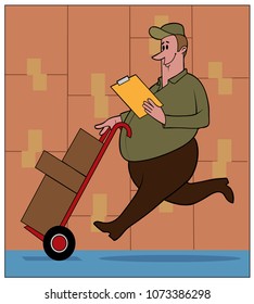 A  man pushes boxes on a hand truck.
