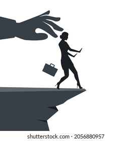 Man pushes a businesswoman with a cliff. Big hand of leader pushes subordinate employee into abyss. Standing on cliff. Danger of falling into abyss. Business challenge concept. Vector flat design.