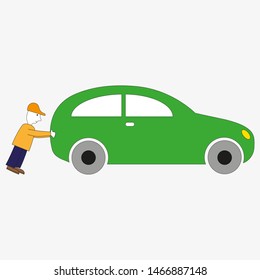 A man pushes a car from behind