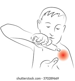 a man pushes a cream from a tube on his shoulder