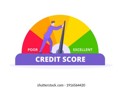 Man pushes credit score arrow gauge speedometer indicator with color levels. Measurement from poor to excellent rating for credit or mortgage loans concept flat style design vector illustration.