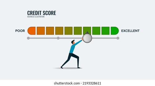 Man pushes credit score arrow gauge indicator with color level. Measurement from poor to excellent rating scale