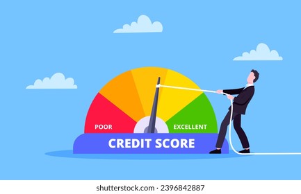 El hombre presiona el indicador del indicador del indicador del indicador del indicador de la flecha de la puntuación de crédito con niveles de color. Medición de una calificación pobre a excelente para el concepto de créditos o préstamos hipotecarios diseño de estilo plano ilustración vectorial.