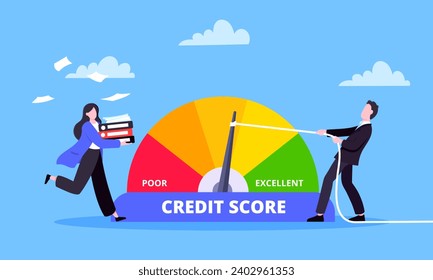 Man pushes credit score arrow gauge speedometer indicator with color levels. Measurement from poor to excellent rating for credit or mortgage loans concept flat style design vector illustration.