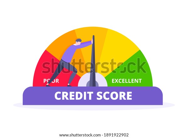 Man pushes credit score arrow gauge\
speedometer indicator with color levels. Measurement from poor to\
excellent rating for credit or mortgage loans concept flat style\
design vector\
illustration.