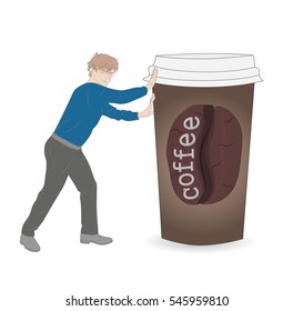 man pushes a cup of coffee. vector illustration.