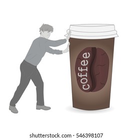 man pushes a cup of coffee. vector illustration.