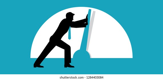 A man pushes a giant arrow on the speedometer. Critical situation concept. Danger score. Anti-crisis management.  Vector illustration isolated.