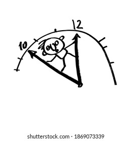 The man pushes the hands of the clock. Time trouble. Hand-drawn funny cartoon character. Black and white vector illustration