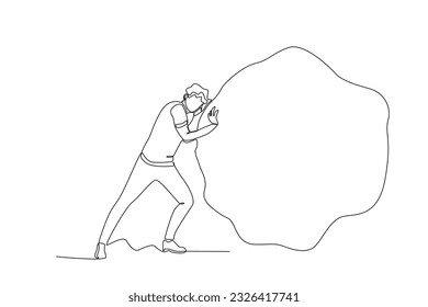 A man pushes an obstacle in front of him. Work obstacle one-line drawing