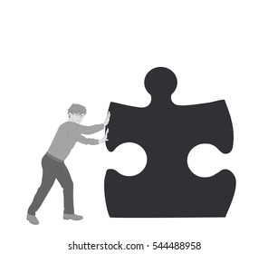 man pushes a part of the puzzle. vector illustration.