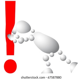 Man pushes an red exclamation mark. Abstract 3d-human series from balls. Variant of white isolated on white background. A fully editable vector illustration for your design.