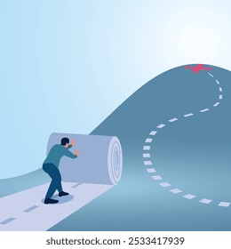 A man pushes a road roller to the top of success. Illustration for making your own business path, career planning, skill development, professional way.