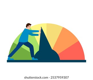 Um homem empurra uma escala de risco. Ilustração simples de cor plana do vetor.