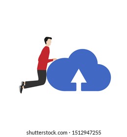 A man pushes a sign of cloud technology. Flat cartoon character isolated on white background