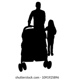 a man pushes a twin trolley, a silhouette on a white background, a father with twins