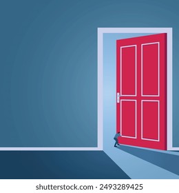 A man pushes vigorously against a large door, an illustration of big dreams.