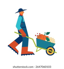 A man pushes a wheelbarrow overflowing with pumpkins. Homegrown concept vector illustration.