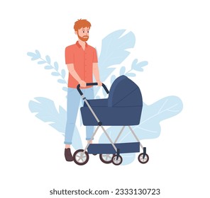 Man pushing baby stroller, flat vector illustration isolated on white background. Father walking with newborn. Modern baby carriage. Concepts of parenthood and maternity accessory.
