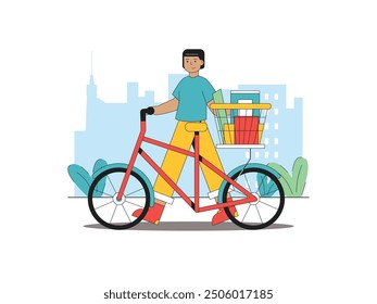 Un hombre empujando una bicicleta con una canasta trasera llena de comestibles para la casa. Diseño de personajes. Ilustración plana de Vector