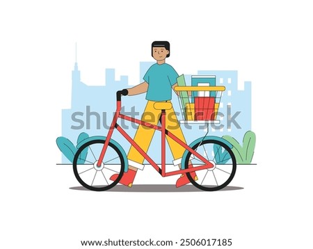 A man pushing a bicycle with a back basket filled with groceries for the home. Character design. Vector flat illustration
