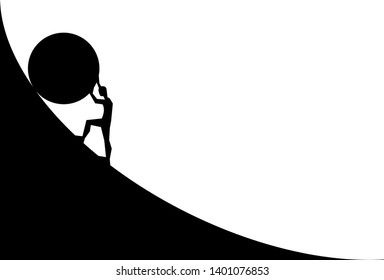 man pushing big boulder uphill. Vector cartoon silhouette in flat design isolated on white background 