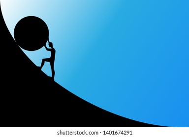 man pushing big boulder uphill with blue sky. Concept of fatigue, effort, courage. Vector cartoon black silhouette in flat design isolated on blue background