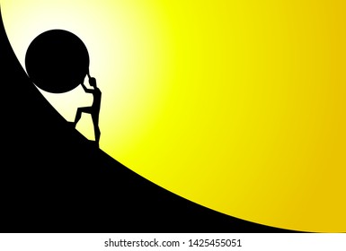 man pushing big boulder uphill with yellow sky and sun. Concept of fatigue, effort, courage. Vector cartoon black silhouette in flat design isolated on yellow background