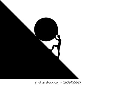 man pushing big boulder uphill. Concept of fatigue, effort, courage, power, force Vector cartoon black silhouette in flat design isolated on white background