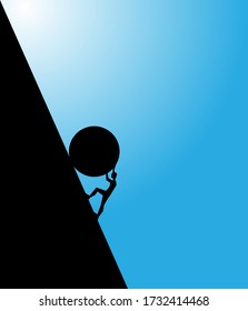 man pushing big boulder uphill with blue sky. Concept of fatigue, effort, courage. Vector cartoon black silhouette in flat design isolated on blue background