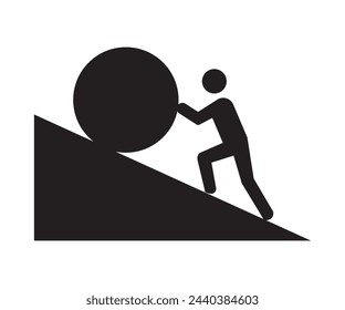 man pushing big boulder uphill. Concept of fatigue,  Effort, determination or uphill battle flat vector icon for apps and websites