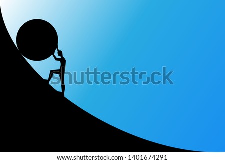 man pushing big boulder uphill with blue sky. Concept of fatigue, effort, courage. Vector cartoon black silhouette in flat design isolated on blue background