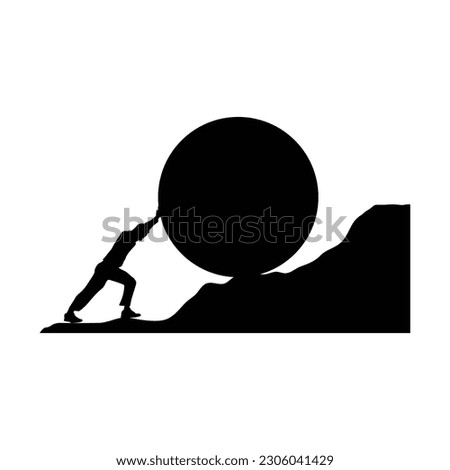 man pushing big boulder uphill. Concept of fatigue, effort, courage, power, force Vector cartoon black silhouette in flat design isolated on white background