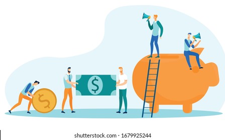 Hombre lanzando moneda grande, dos personajes sosteniendo billete de papel en dólares y cargando con la ilustración de vectores de caricaturas planos Big Piggy Bank. Chicos con megáfonos parados en el cerdo. Escala.