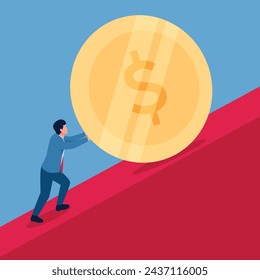 Man pushing big coin up, illustration for hard work.