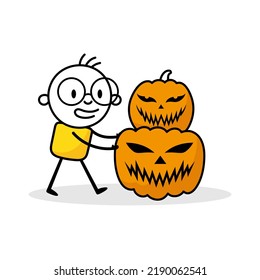 Man pushing big pumpkins with Jack-o-lantern facial expressions. Cartoon Halloween character. Isolated vector stock illustration.
