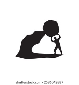 man pushing a big rock up. Concept of fatigue, effort, courage, strength, power vector illustration design