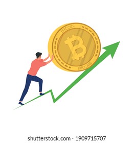 Mann, der Bitcoin in Pfeil nach oben drückt Kryptowährung Symbol Vektorgrafik Design