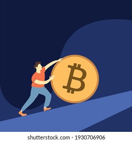 Man pushing up bitcoin . 	Business efficiency abstract concept vector illustration