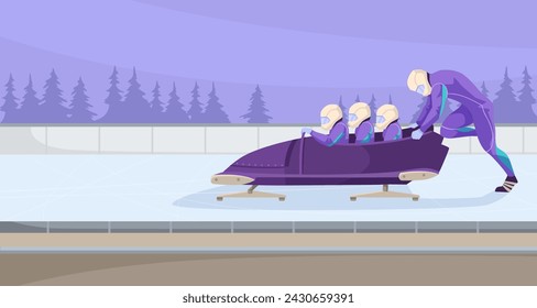 Ein Mann schiebt ein Bobbelteam auf eine Bahn, bereitet sich auf ein Winterereignis vor. Das geschmeidige Fahrzeug gleitet sanft auf dem eisigen Weg unter freiem Himmel. Vektorgrafik